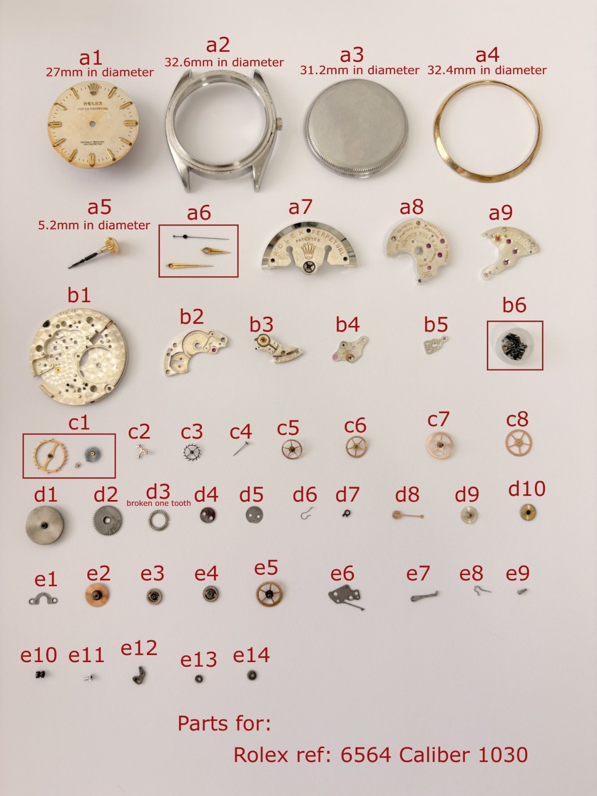 Rolex Caliber 1030 Ref 6564 Movement Parts Case Back Dial Hands 14k Gold Bezel