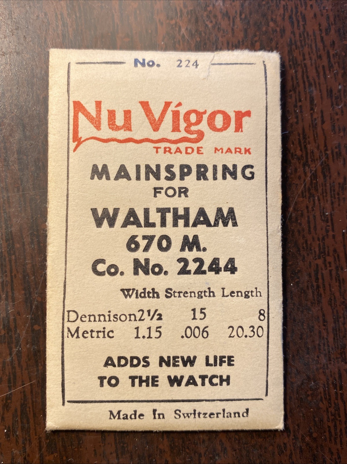 Waltham mainspring 2244, 670M New Old Stock NuVigor Brand