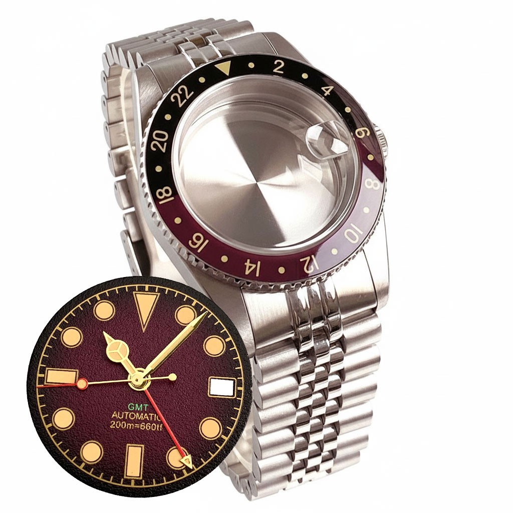 Bow sapphire glass 38mm black Bezel 316L Watch Case Fit Japan NH34A GMT Movement