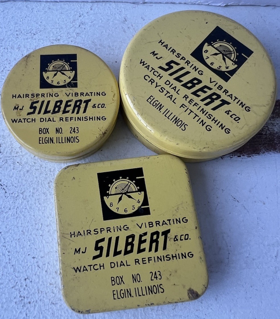 Vintage M.J. Silbert & Co. Watch Repair Tins Elgin IL Lot of 3 Hairspring Dial