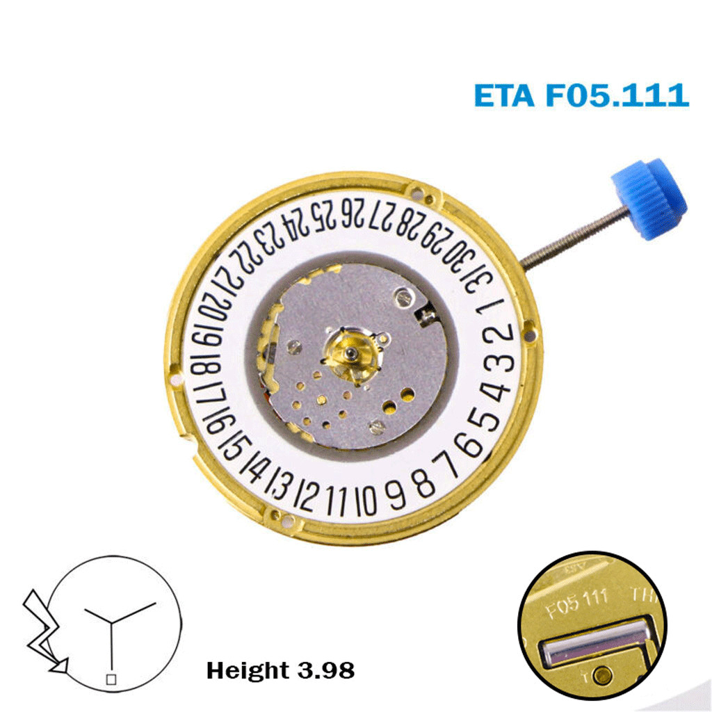 ETA F05.111 Swiss Movement, White Date Disk At 6,Height 1, 3 Hands.