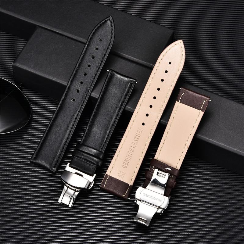 Leather Watch Band 18mm 20mm 22mm 24mm Straps Stainless Steel Butterfly Buckle C