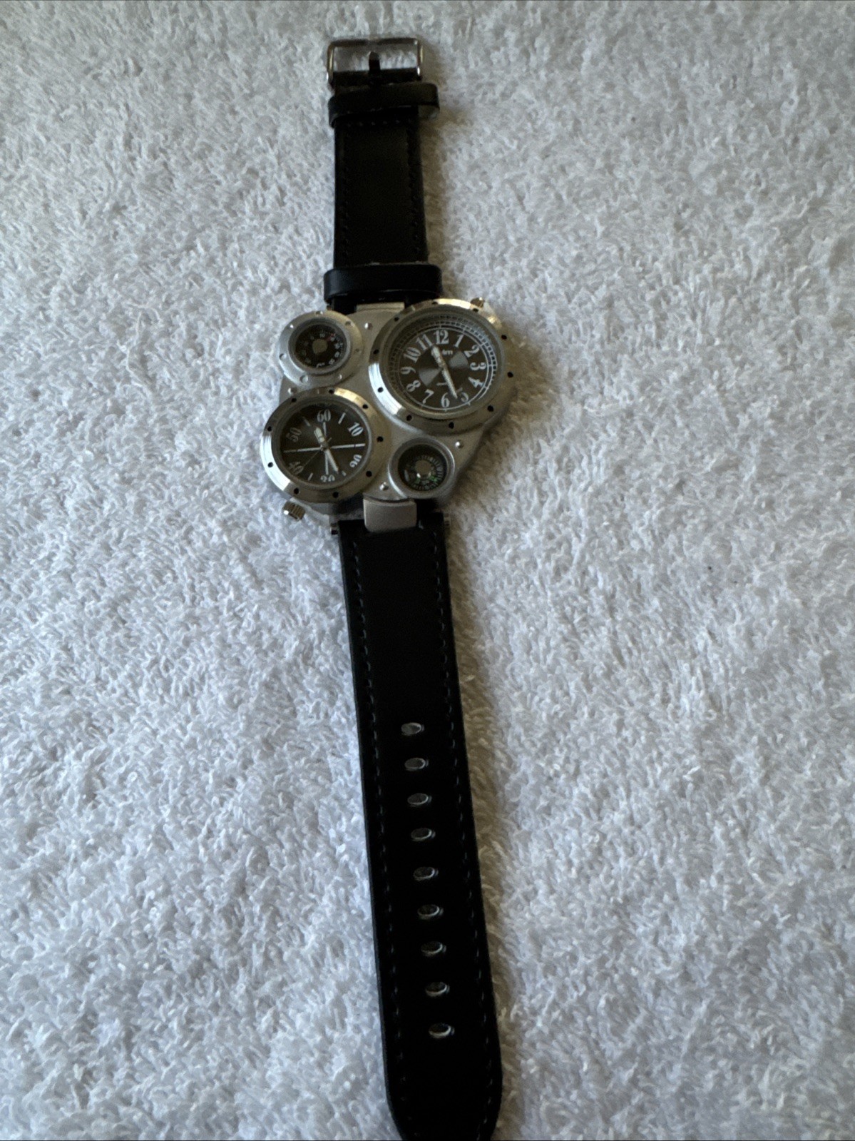 OULM 9415 4 Dial Watch With Two Piece Black Strap Stainless Back