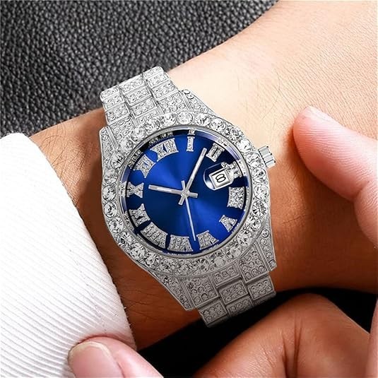 Hip Hop Watches for Men Iced-Out Bling Diamond Luxury Quartz 42mm Silver Blue