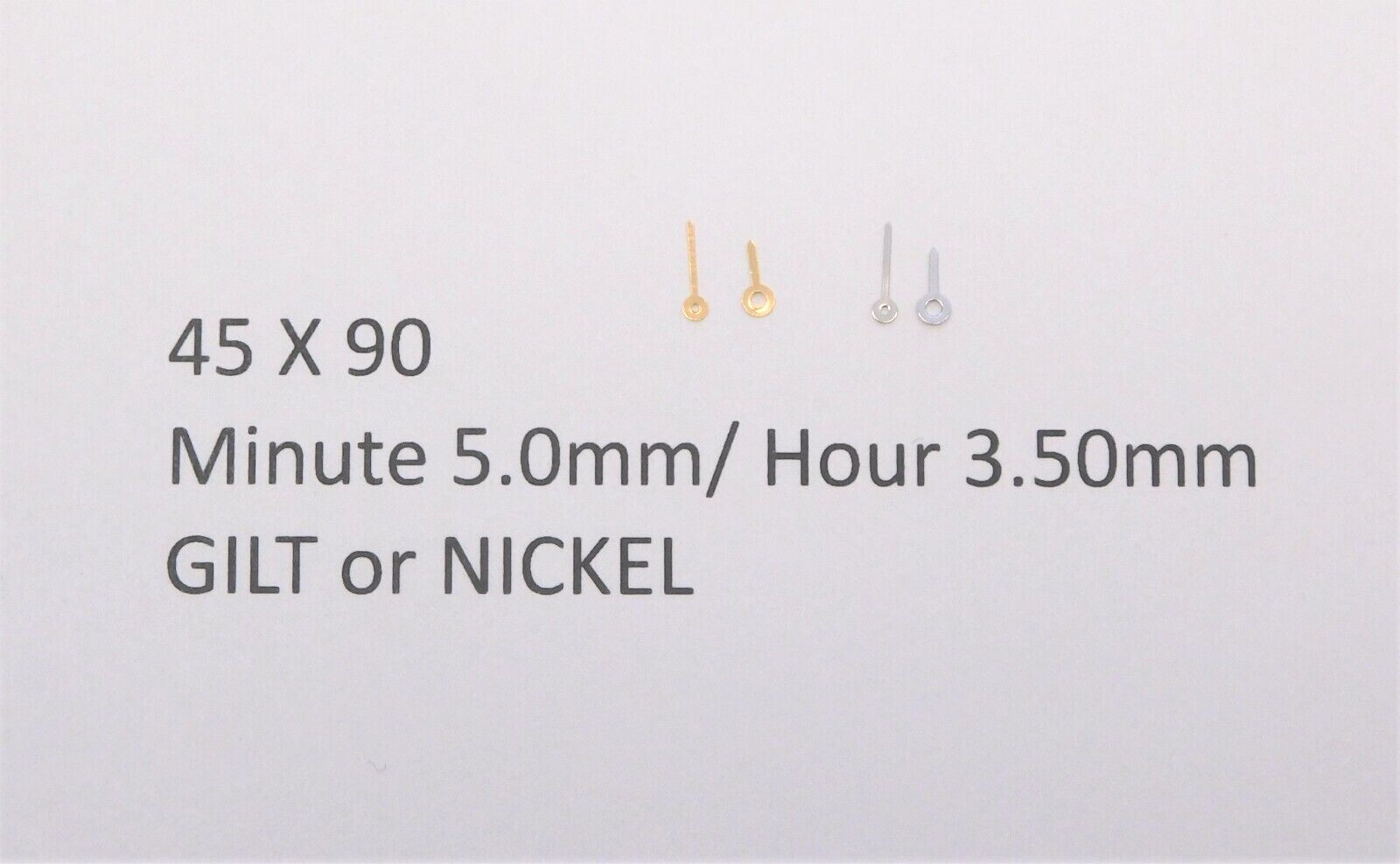 Watch hands 45 x 90- choose gilt or nickel finish and length x 1 pair Swiss