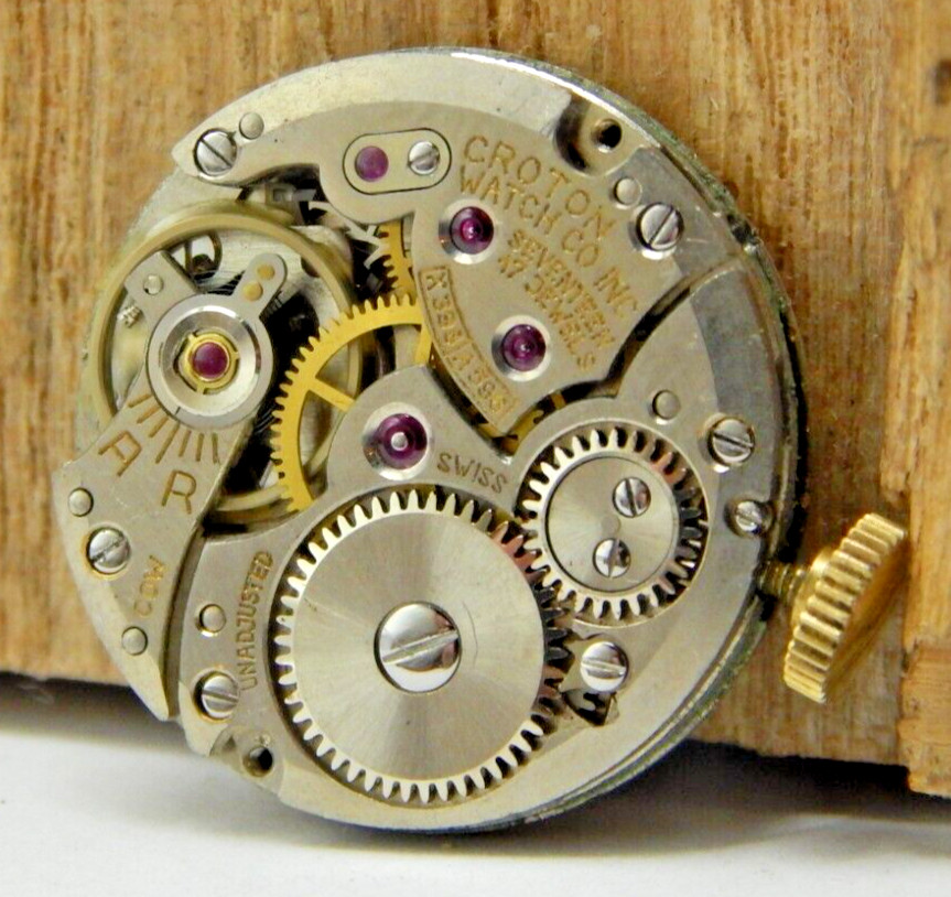 Vintage Croton 17 jewel X398 A596 wrist watch movement with dial hands & crown