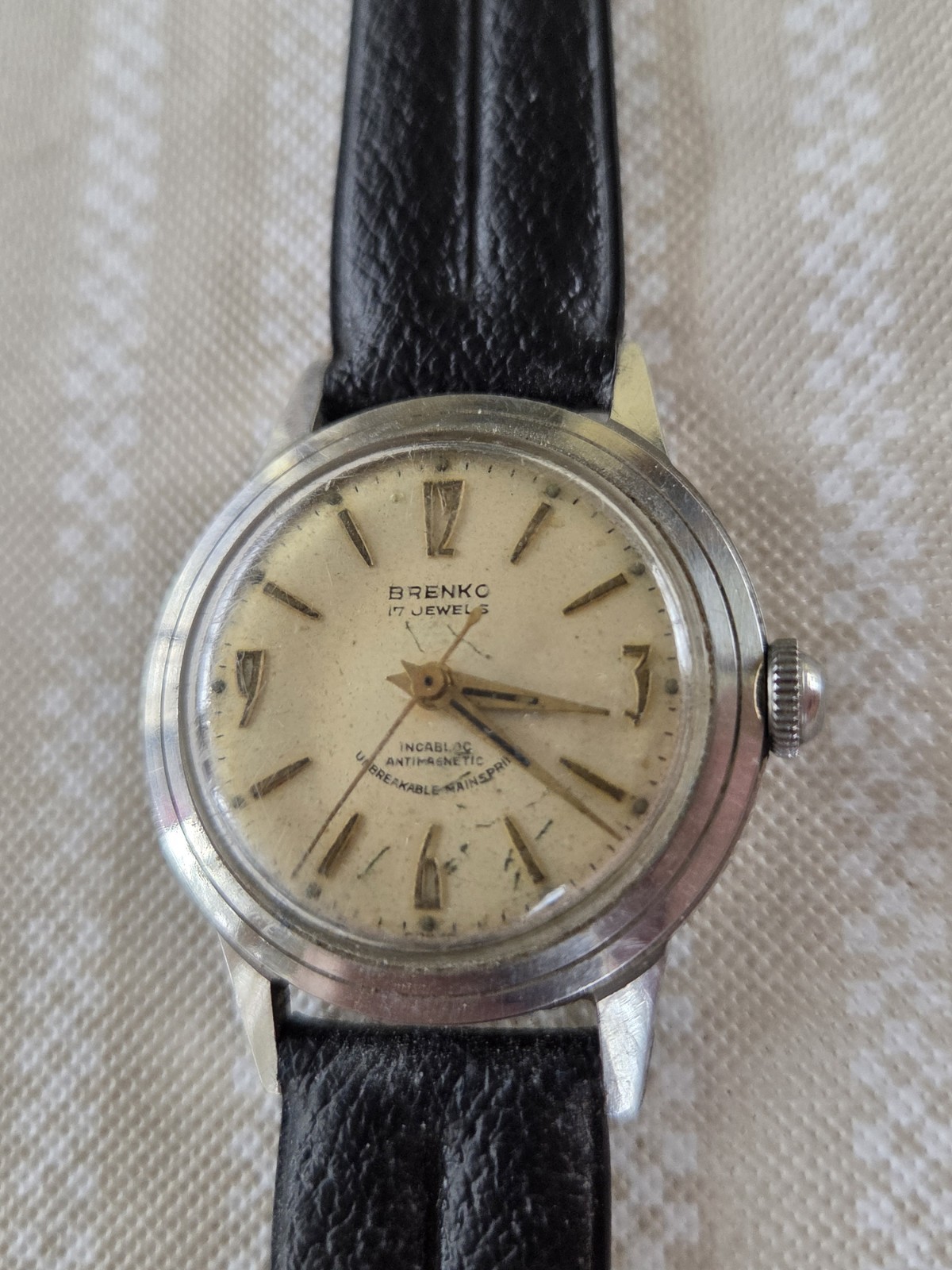 Vtg 1940/50’s Brenko Watch (Brenzikofer & Co.) 17j WW2? working VG New Vyl Band