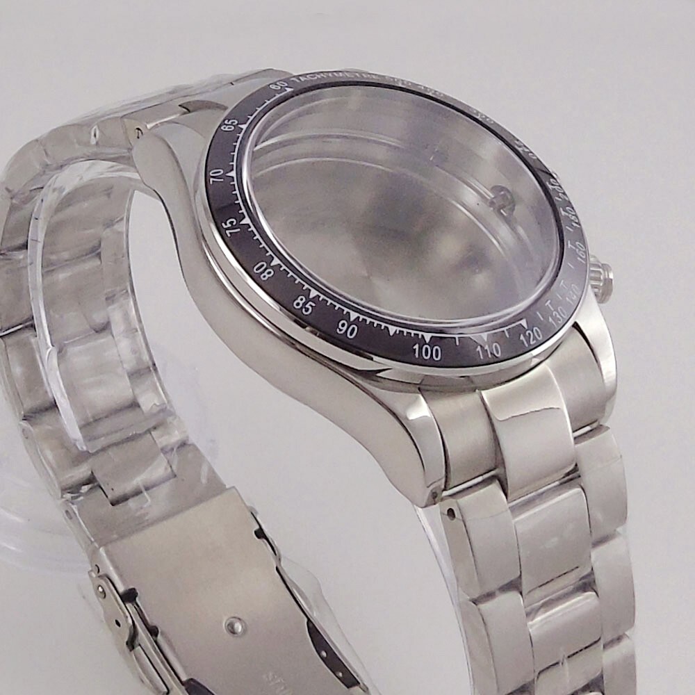 39mm Polished Mens Watch Case Bracelet Fit Quart VK64 VK63 Bow Sapphire Glass