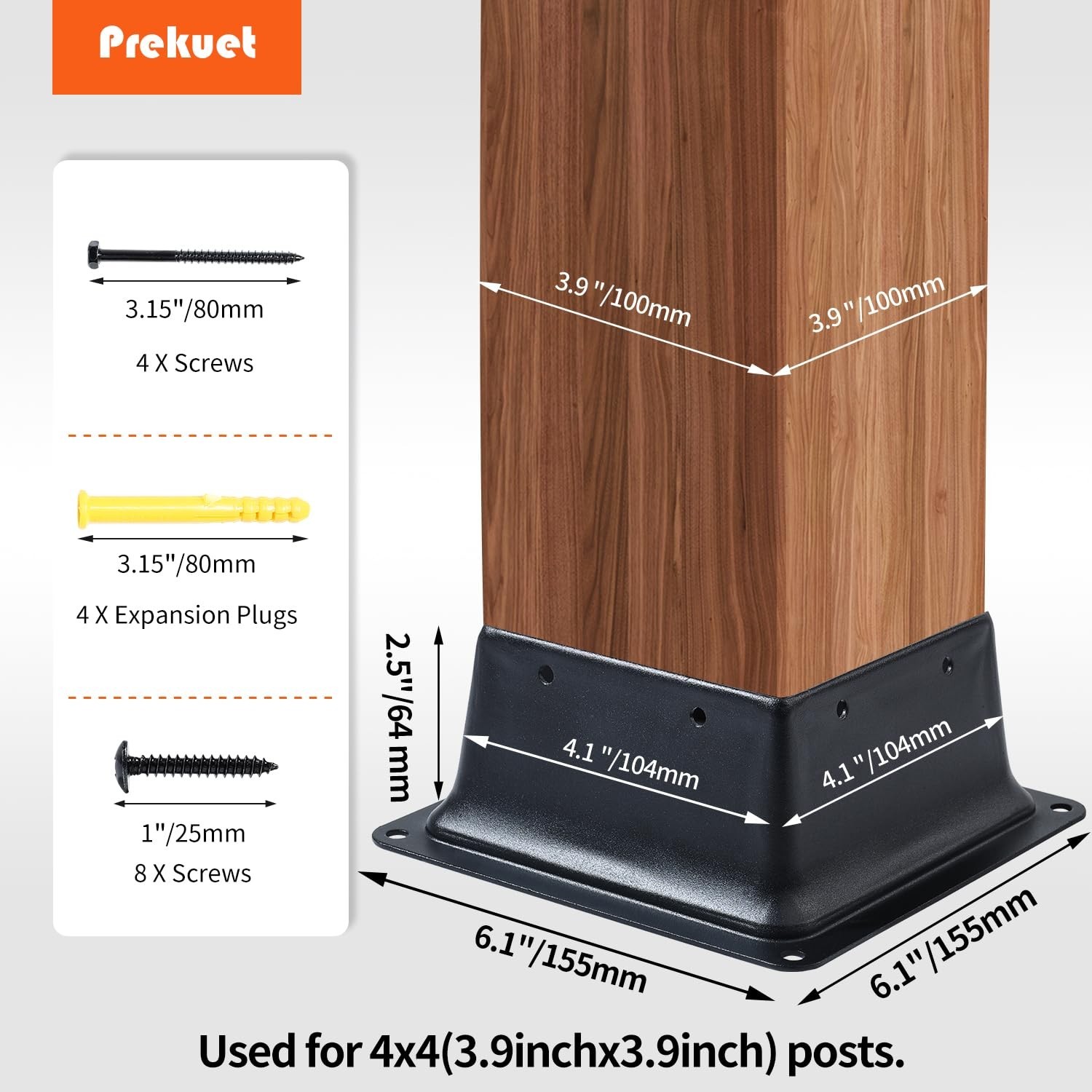 4″ x 4″ Post Base, 1 Pcs Post Brackets Inner Size 3.9″x3.9″ Wood Fence Post A…