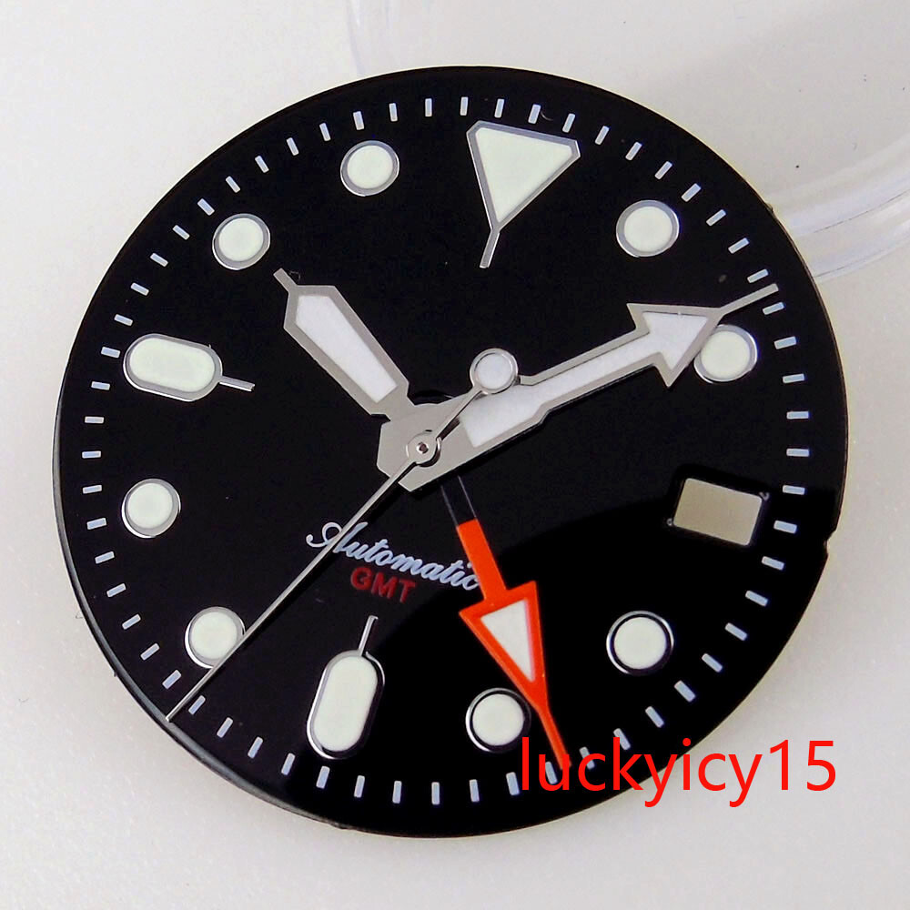 29MM GMT Dial Fit NH34 NH34A Green Luminous Black Orange Watch Dial Date Window