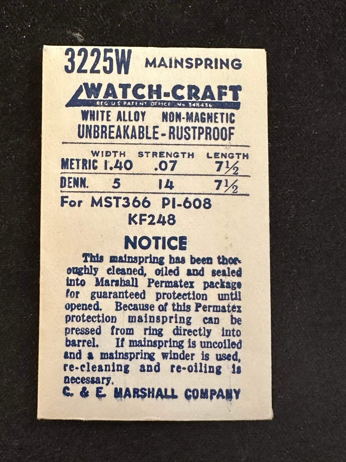 Watch-Craft Mainspring 3225W for Pierce 608, MST 366, Kurth 248, Elgin 700 – All