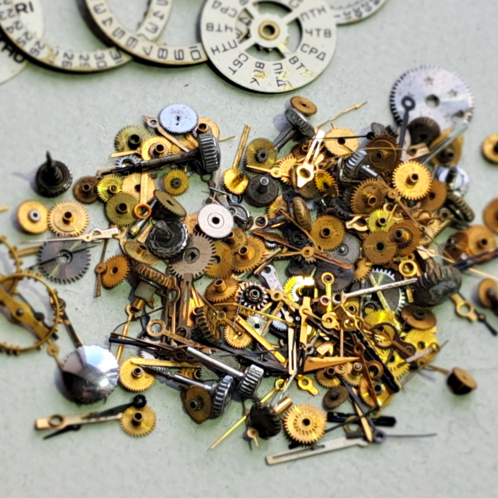 100 Vintage Watch Date Rings + Mixed Watch Parts Hands Gears Crowns Steampunk