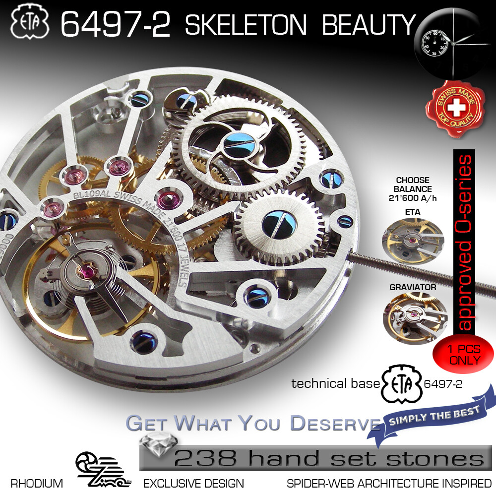 MOVEMENT ETA UNITAS 6497-2, BL109, SPIDER SKELETON TRANSP. STONE DECORATED,SWISS