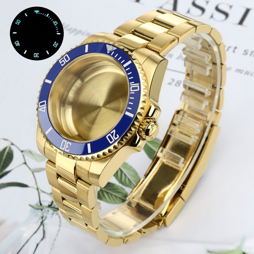 Sapphire 40mm Luxury SUB Golden Watch Case Date+Band For Seiko NH35 38 Movement