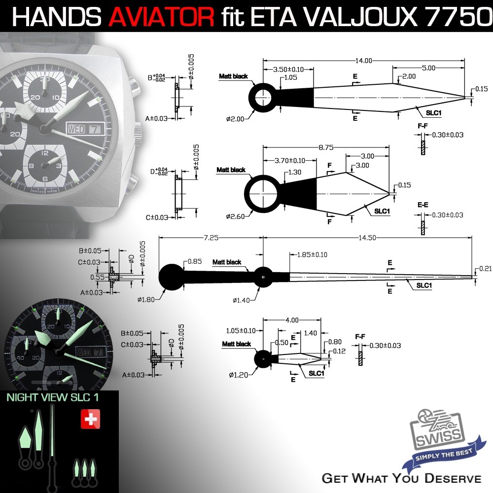 HANDS SET FOR MOVEMENT ETA VALJOUX 7750, AVIATOR, SWISS SUPERLUMINOVA SLC1