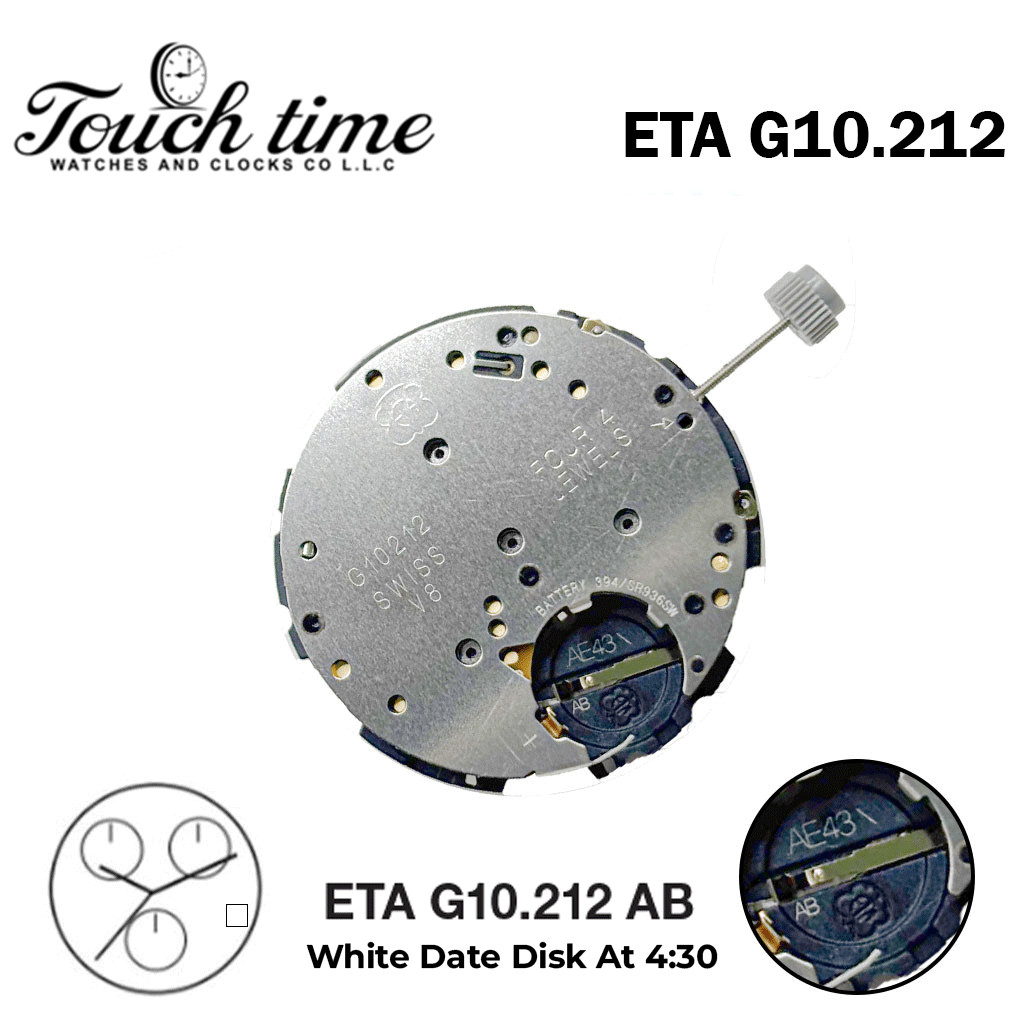 ETA G10.212 AB-Quartz Movement- White Date Disk At 4:30-3 Hands-Height:5.12mm.