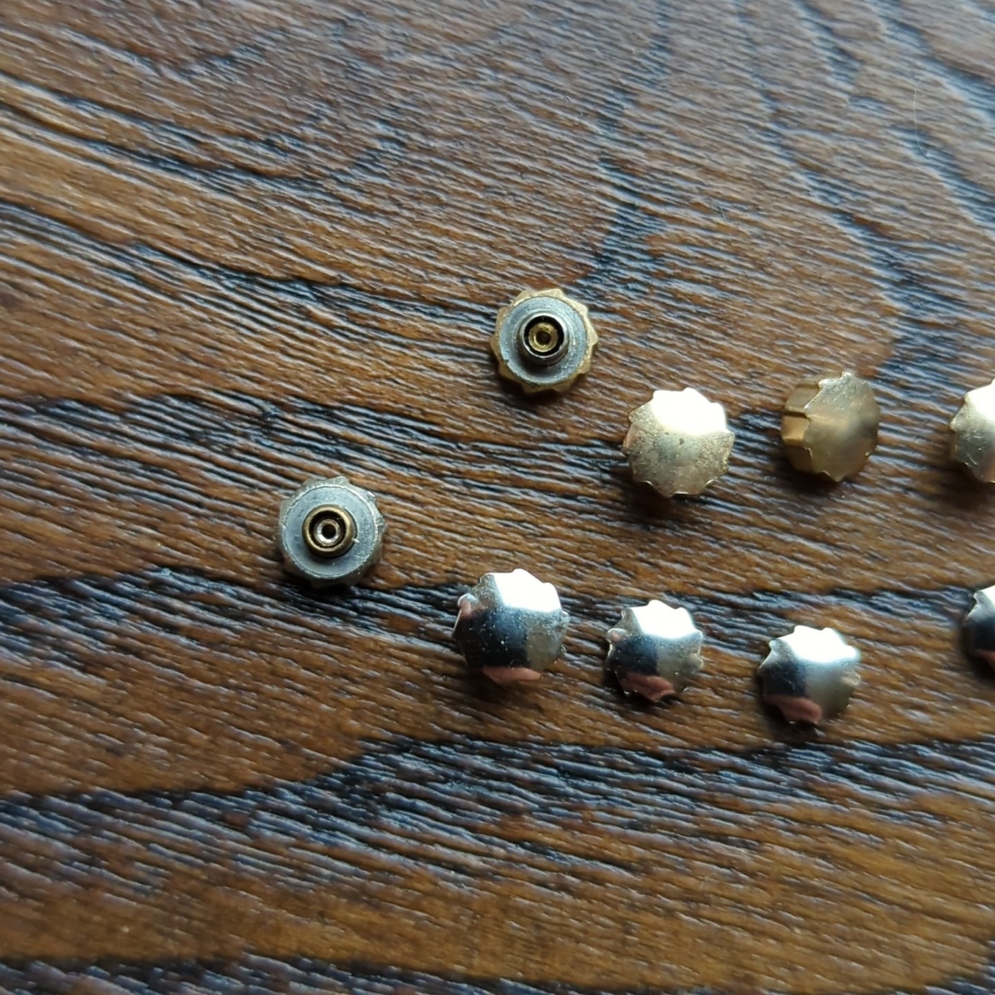 Lot of 9 Pieces of Steel and Gold Buzz Saw Shaped Watch Crowns 4.75mm 5.1mm H70