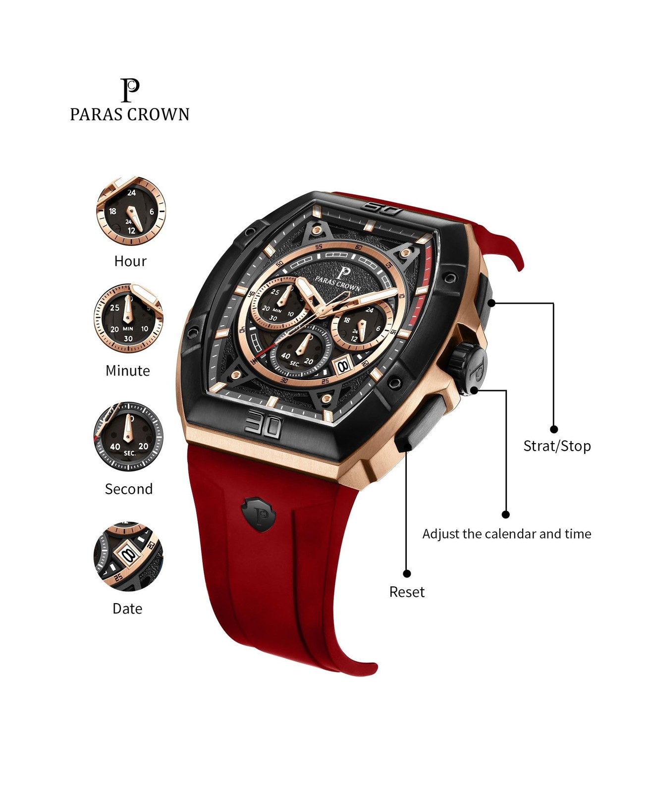 Paras Crown Watches for Men Tonneau 5ATM Waterproof Quartz Luxury Chronograph…