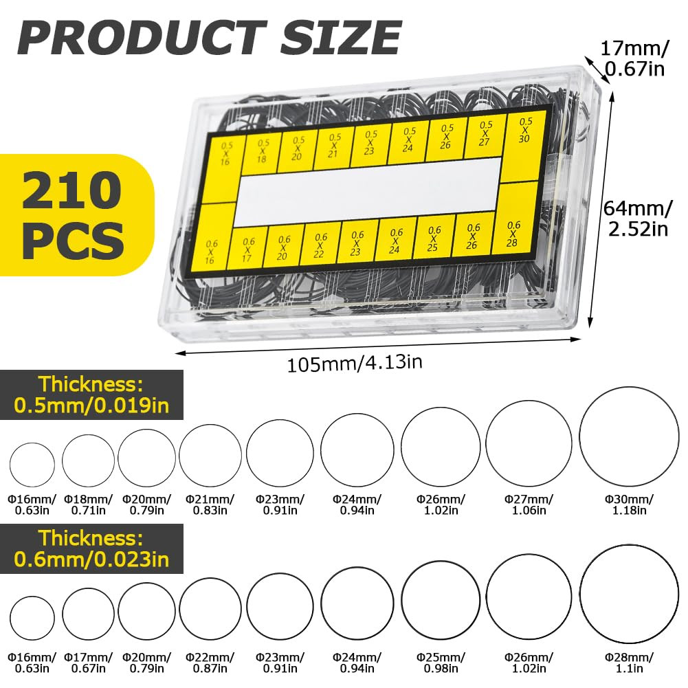 210 Pcs O Ring Watch Gasket Kit,18 Types Rubber Seal O Ring Watches Gasket Watch