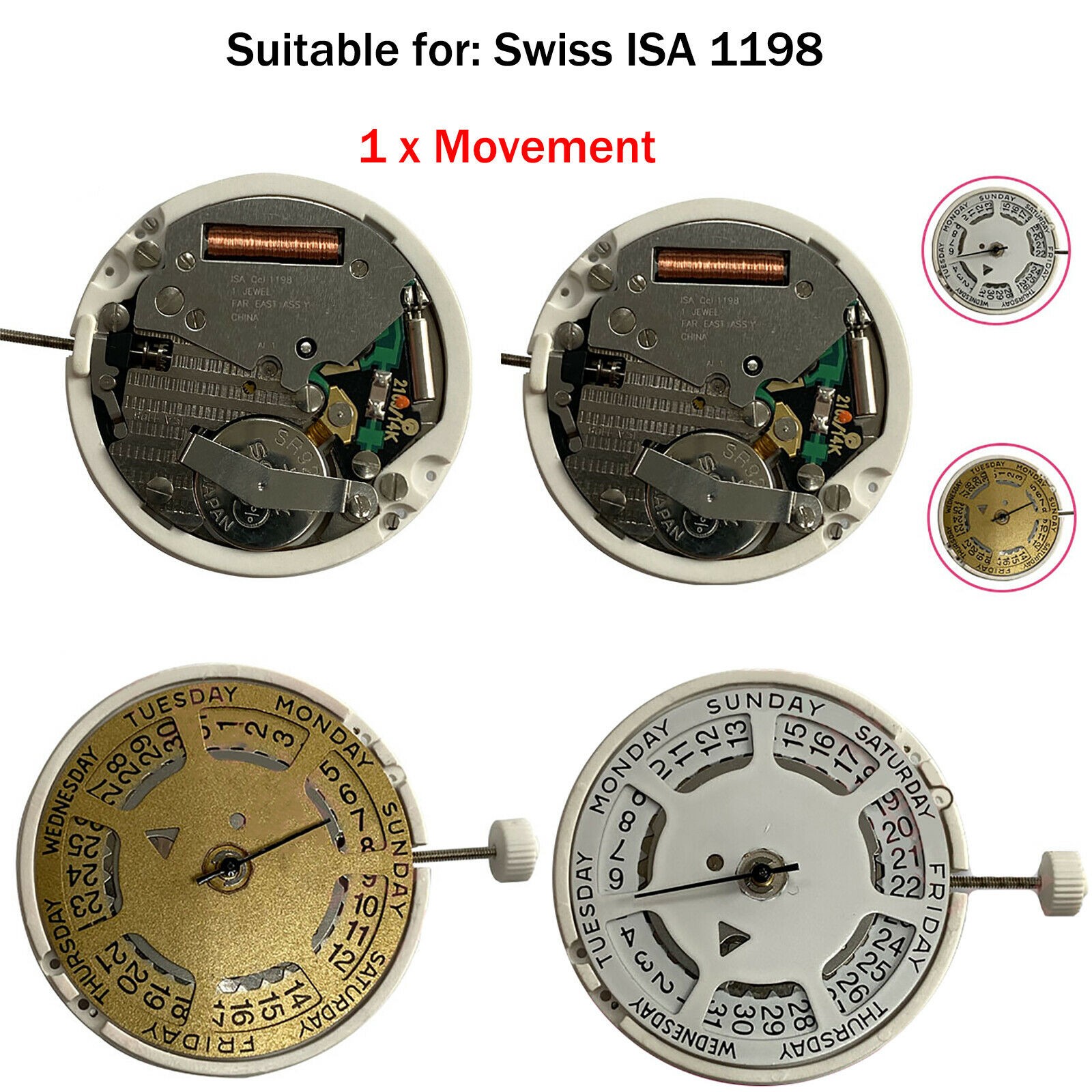 White/Gold 3 Hands Quartz Watch Movement With Battery For Swiss ISA 1198 Watch