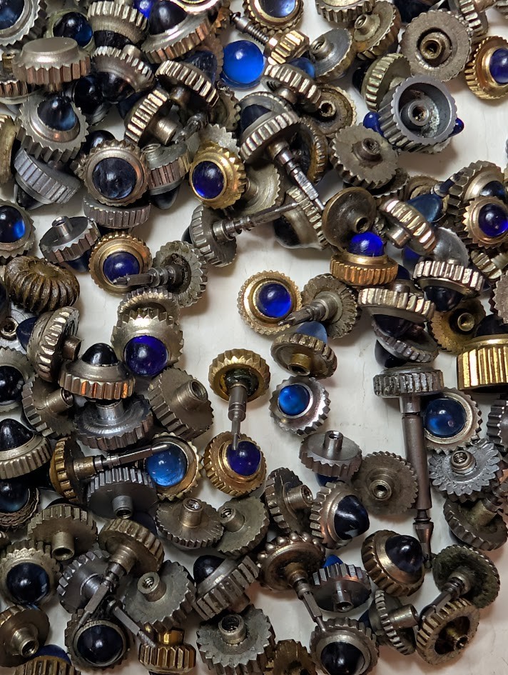 Lot of 10 Watch Crowns w/ Blue Cabochon Cap– Mixed Sizes – Vintage – Silver Tone
