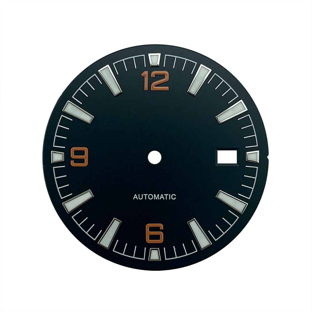 Black 33mm Sterile Watch Dial Orange Numbers BGW9 Lume for NH35A Planet Ocean