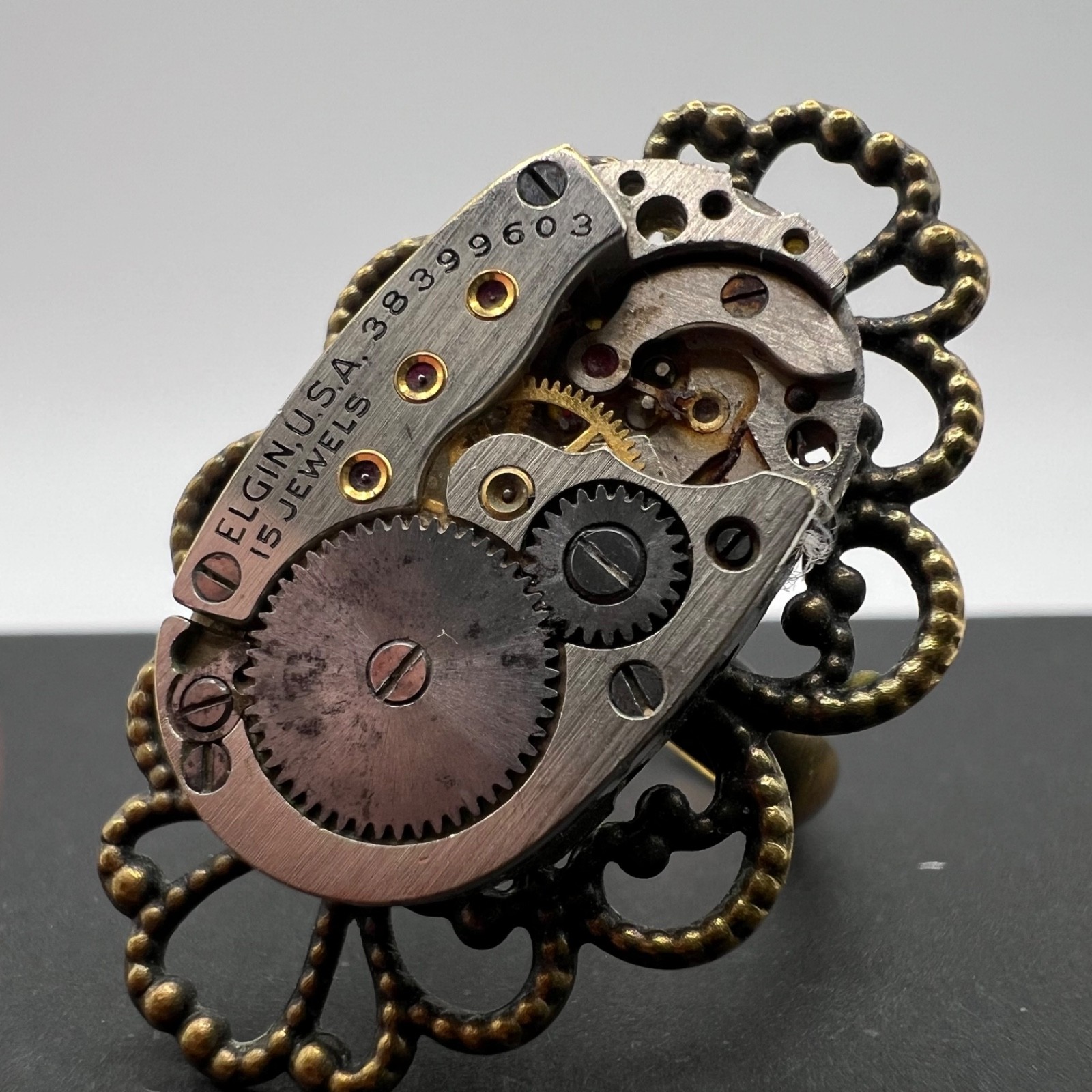 Vintage Elgin Watch Movement Ring Steampunk Handmade 15 Jewel