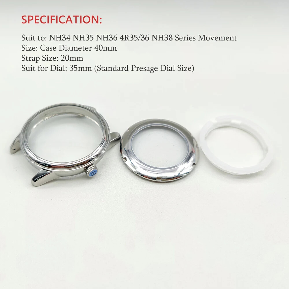 Watch Case 40mm Polished Steel Set For NH34 NH35 NH38 Mechanical Movement Cover