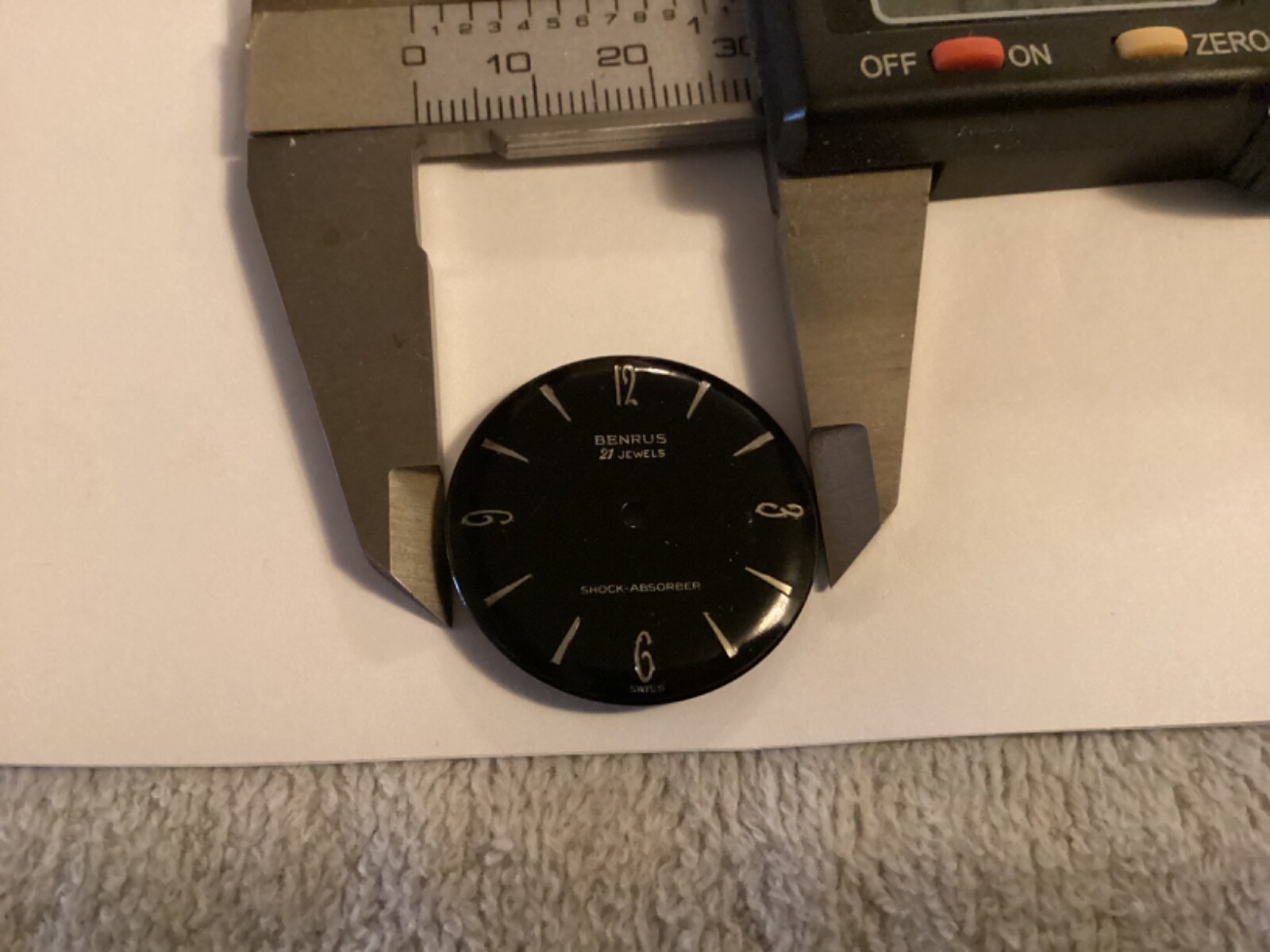 Benrus black dial silver markers never used for DN 21 watch movement 28.43mm