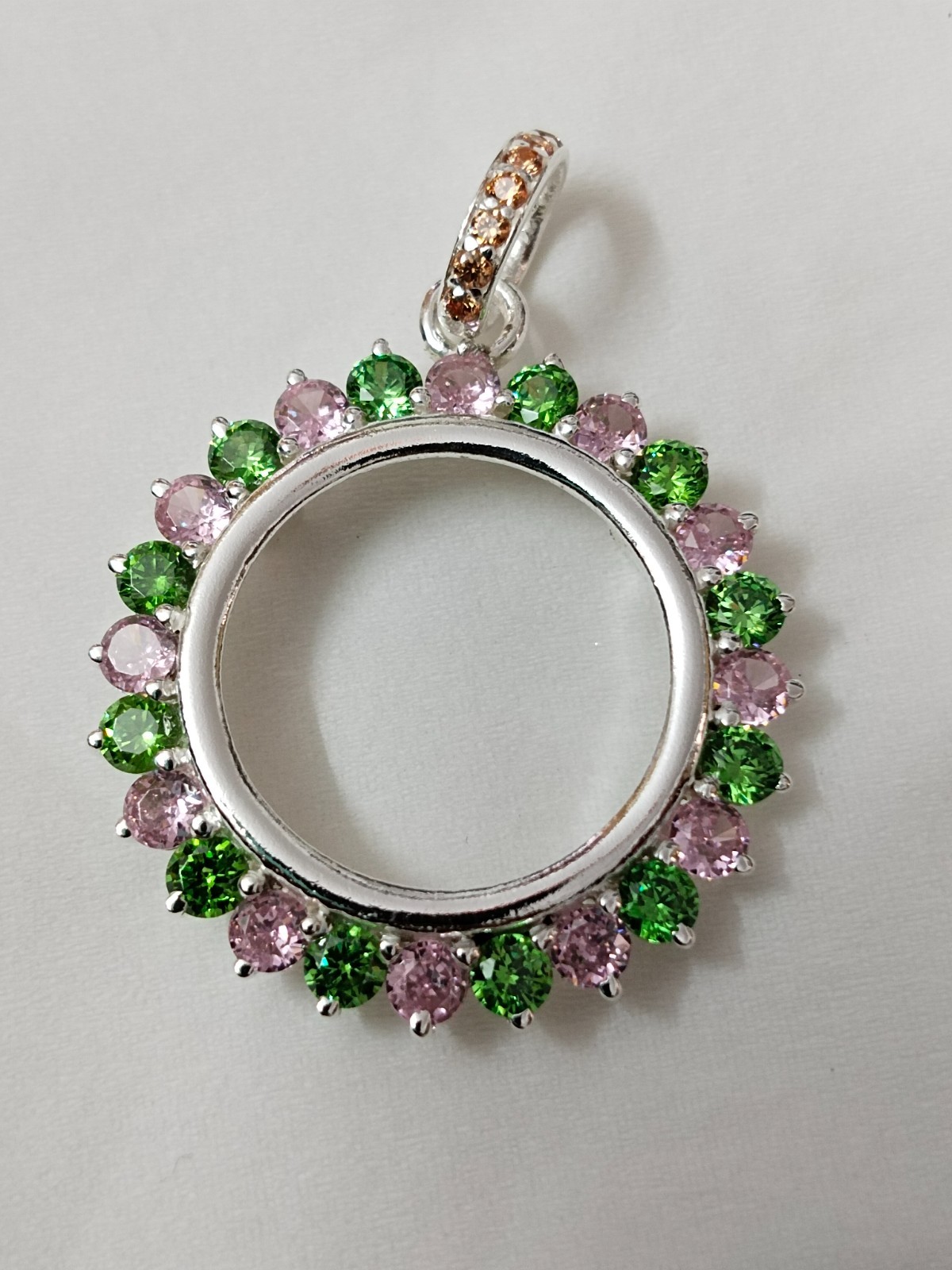 925 Sterling Silver Round Bezel Pendant Blank Green & Pink CZ Handmade Coin