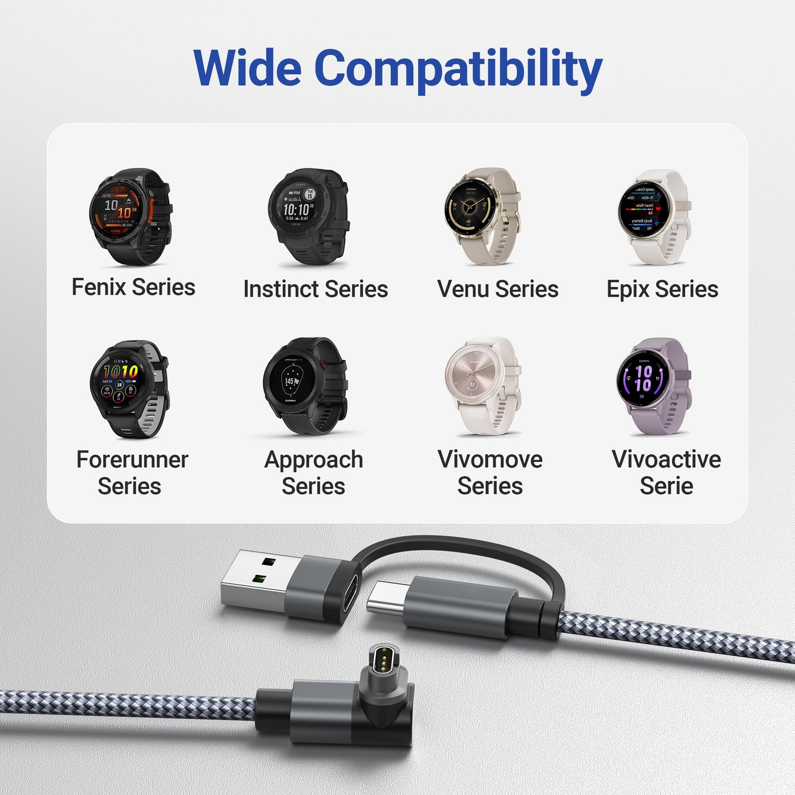 Garmin Watch USB C Charger Cable 2in1 Braided 4FT 1Pack Right Angle