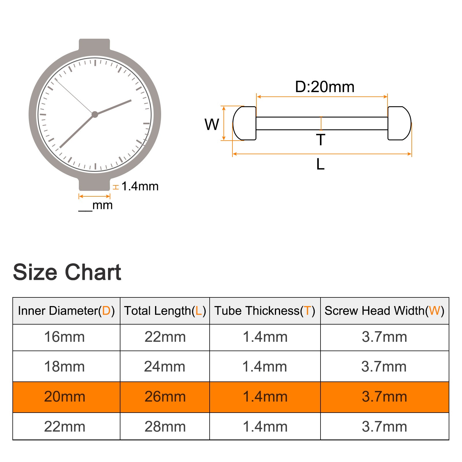 2pcs – Watch Screw Tube Rod 20mm Stainless Steel Watch Strap Pins Silver Tone