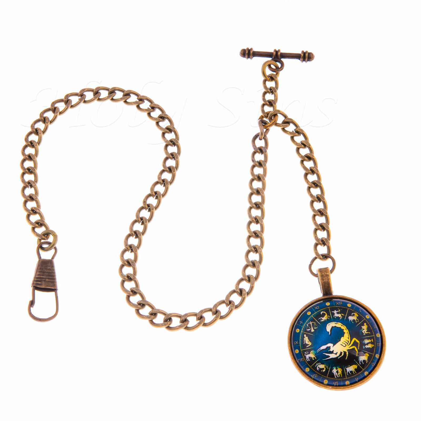 10 inch Bronze Colour Single Albert Pocket Watch Chain With Zodiac Sign Pendant