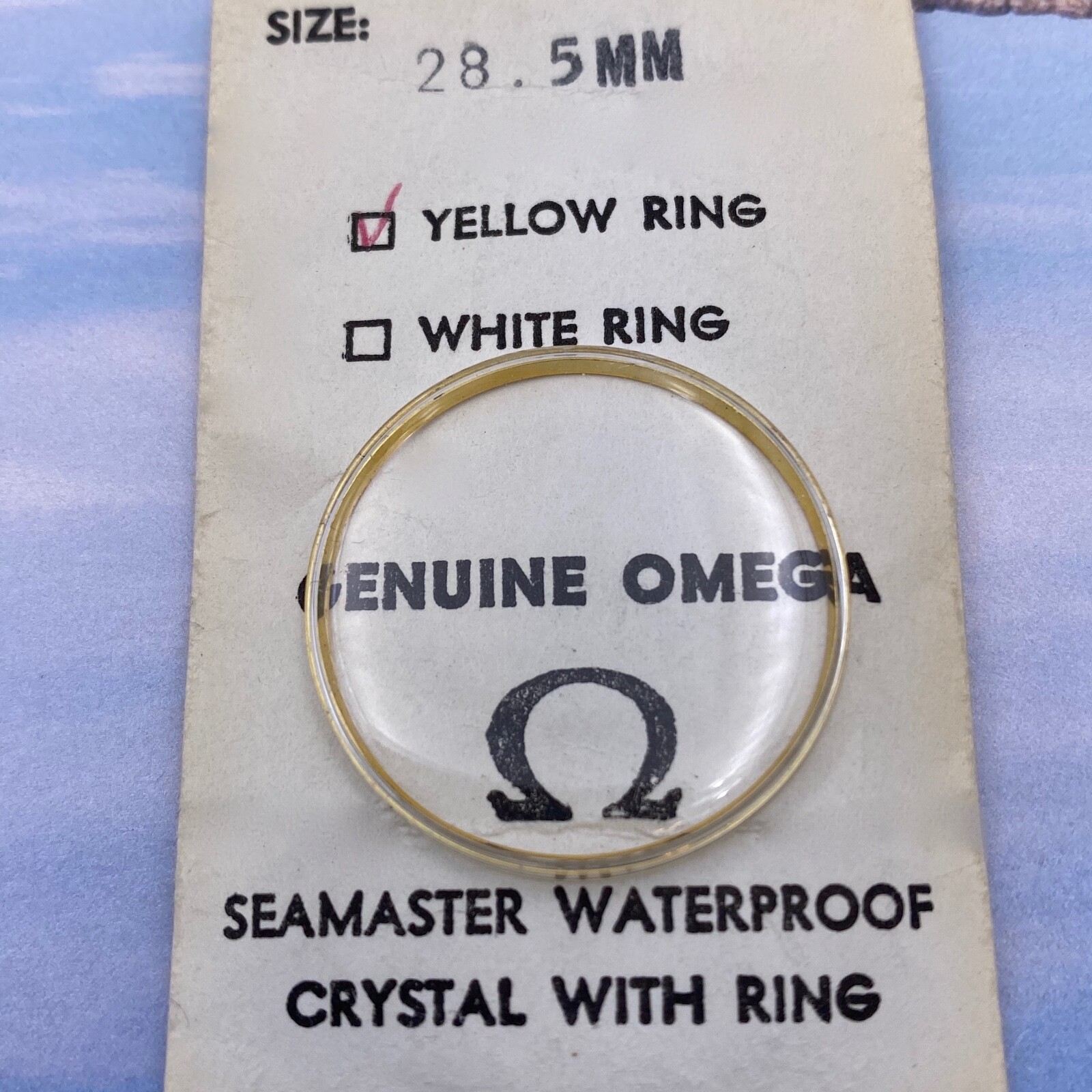 Genuine Vintage Omega Crystal W/ Yellow Retainer Rim 28.5 mm. Open Package.