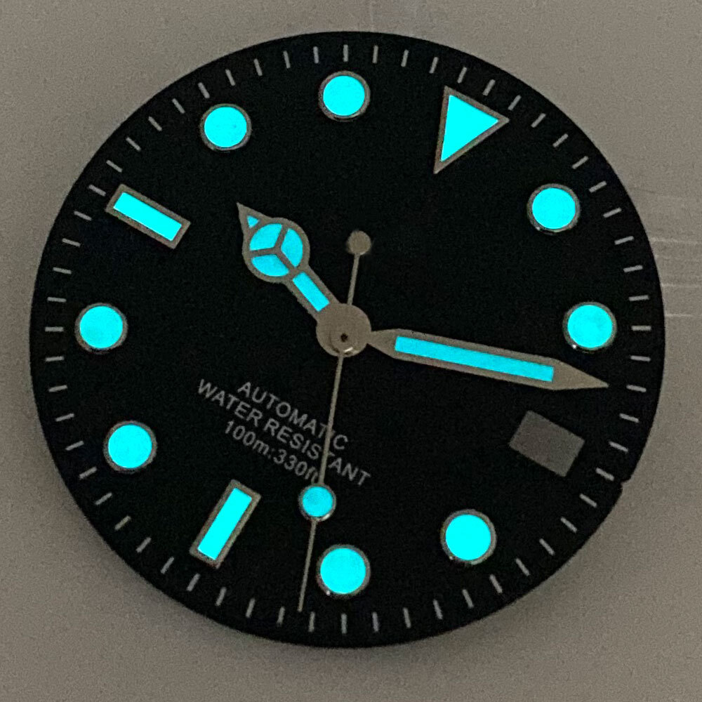 29MM Luminous Greenish-blue Watch Dial Silver Edge Marks Date Window Fit NH35