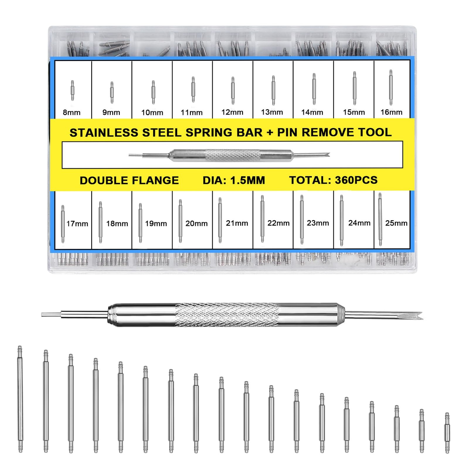 360Pcs 8-25mm Watch Band Pins, Diameter 1.5mm Watch Band Spring Bar Link Pins wi