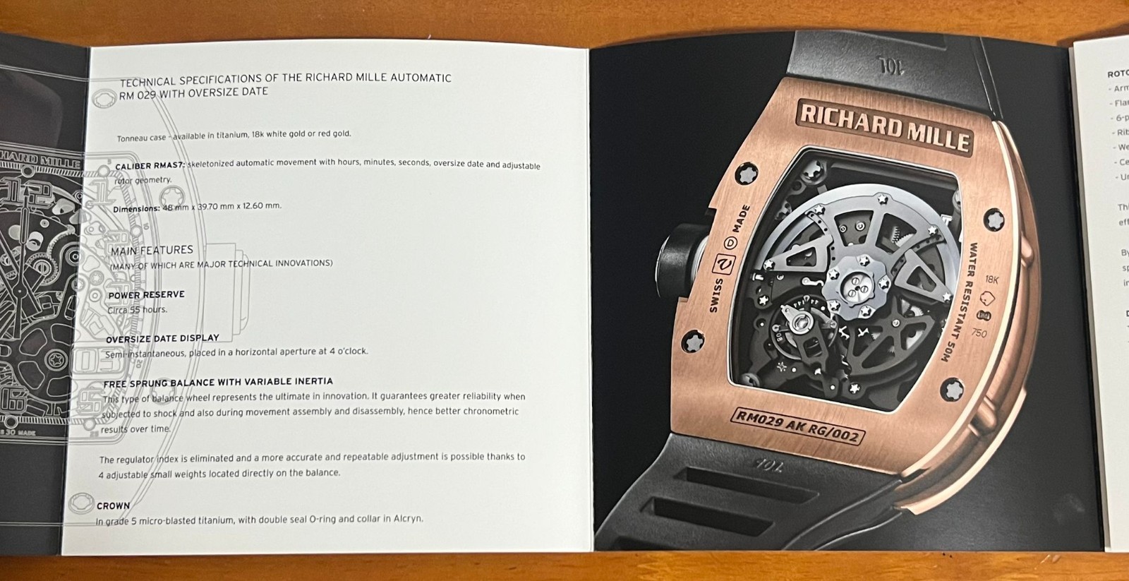 RARE Richard Mille RM029 Boutique Exclusive Technical Specification Leaflet