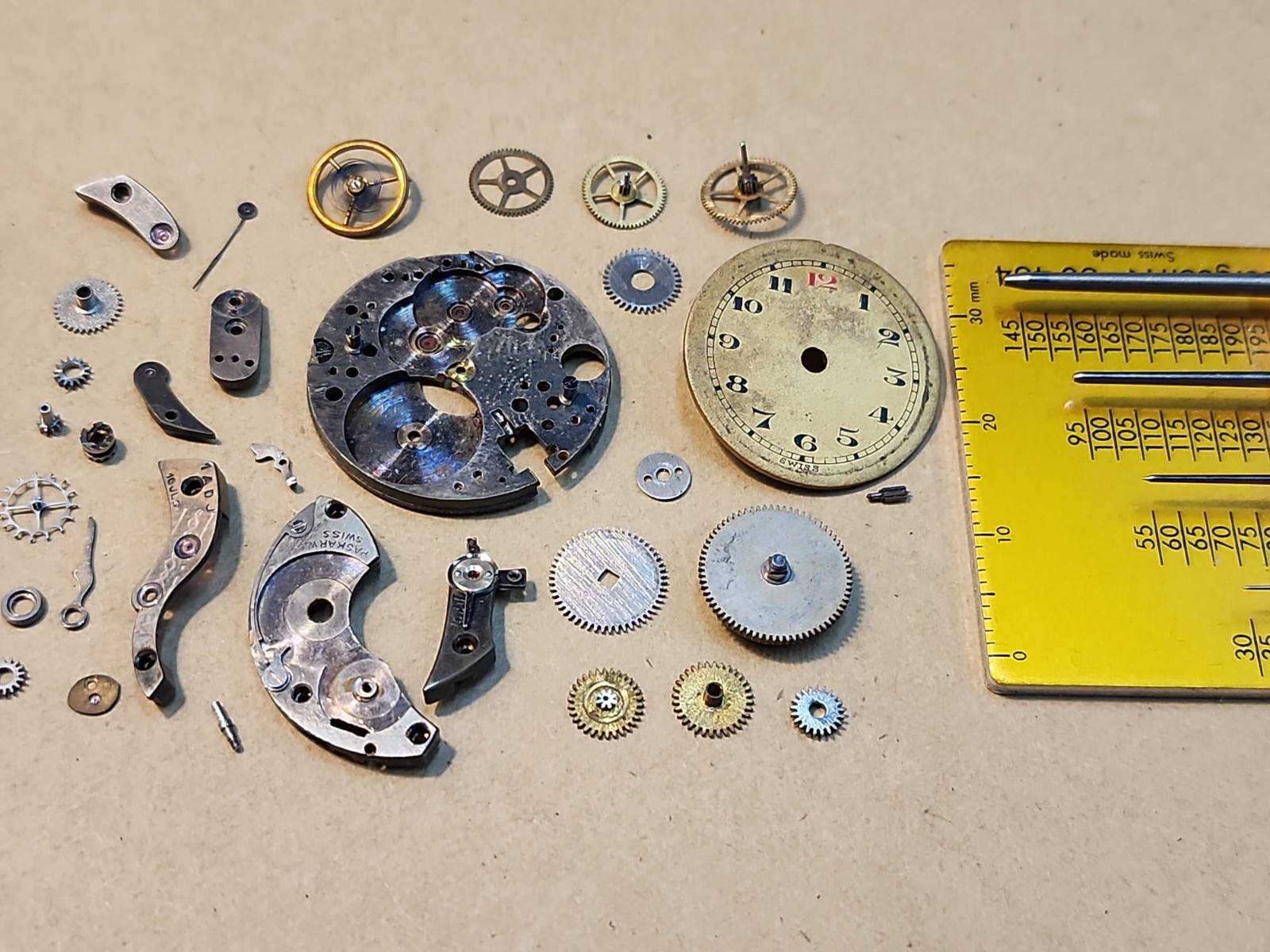 Lot Of Mixed AS? 10-1/2L Watch Parts-Plates, Bridges, Wheels, Dial-Parts Spares