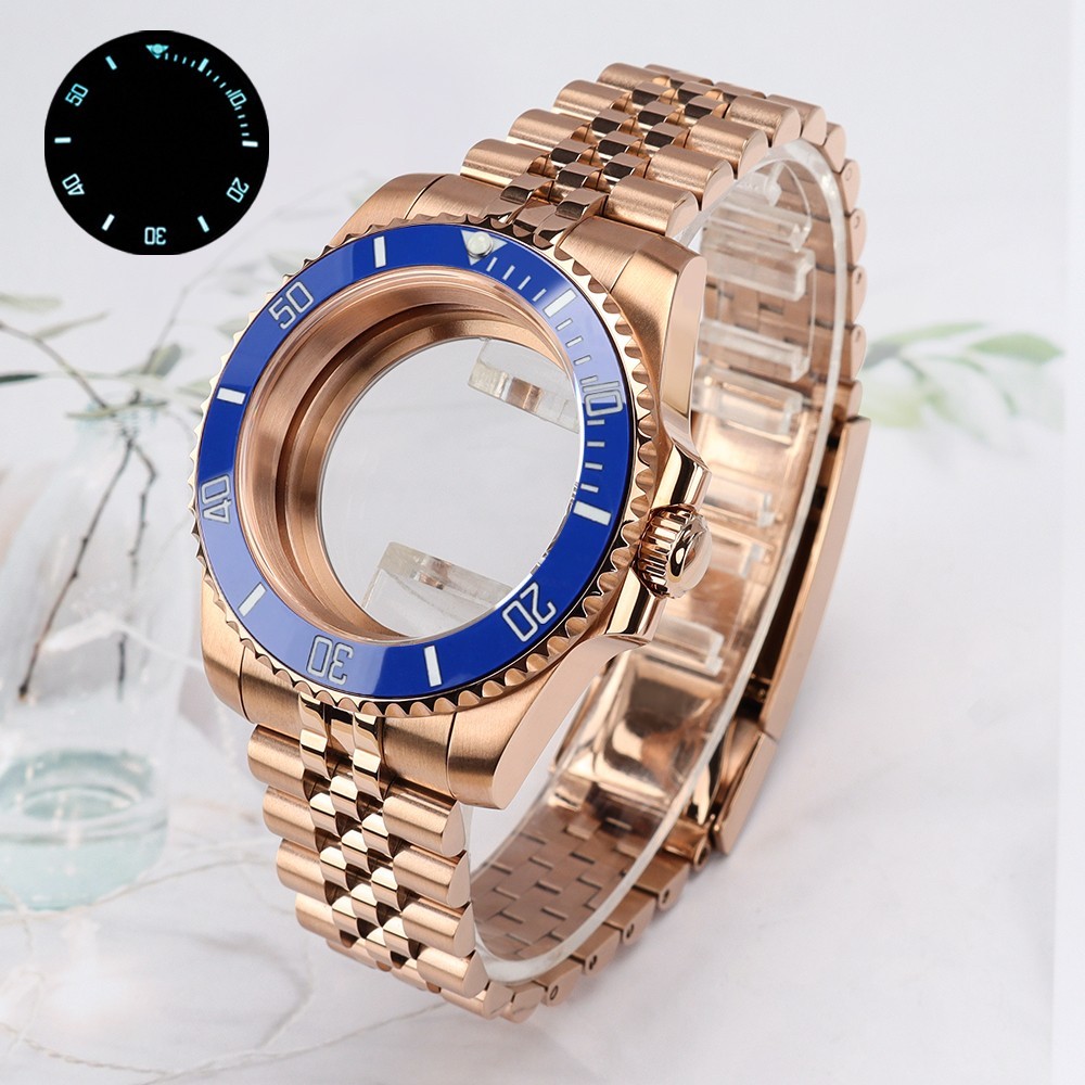 Oyster 40mm Watch Cases Bracelet Rose Gold Luminous Bezel For SII NH35 Movement