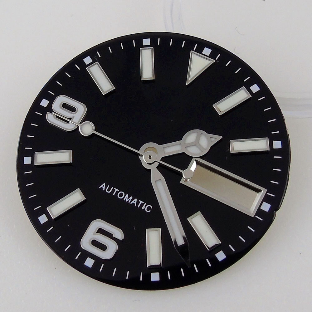 BLIGER 29mm Black Sterile NH36 Luminous Watch Dial Face With Date Week Window