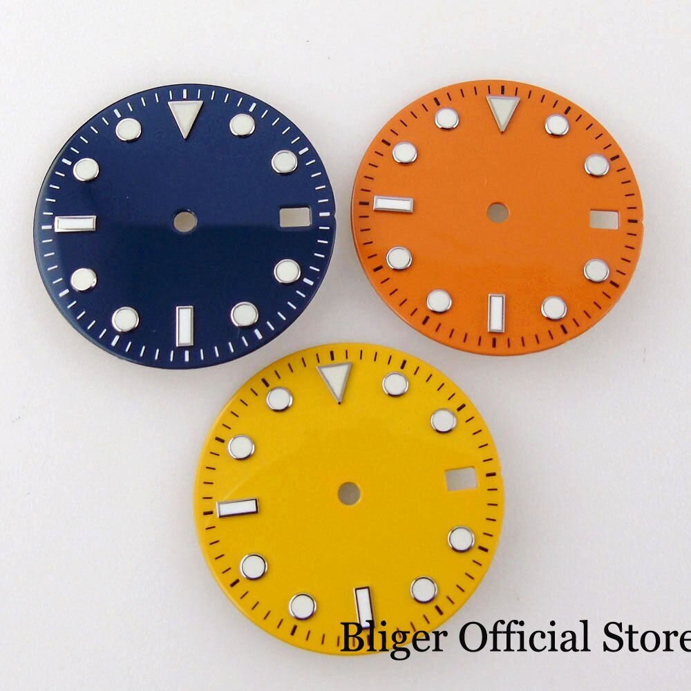 29MM Watch Dial fit NH35A Yellow Orange Navy Blue Date Window Luminous Index