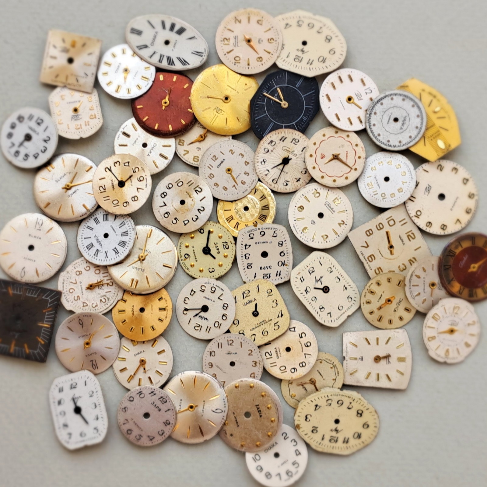 Lot of 53 Vintage Watch Dials • Mixed Shapes & Colors • USSR/Soviet • Steampunk
