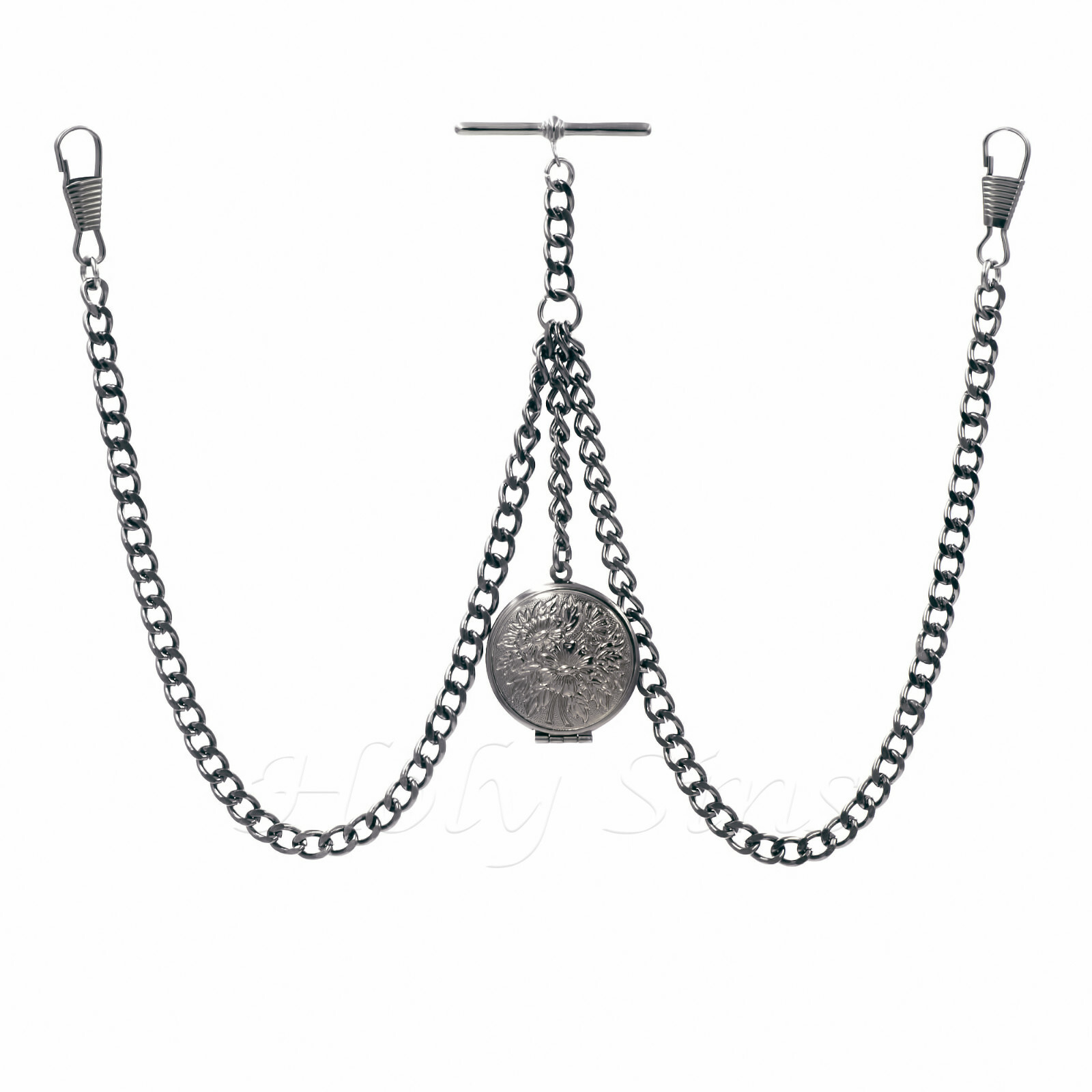 Brand New Black Gunmetal Colour Double Albert Pocket Watch Chain With Locket