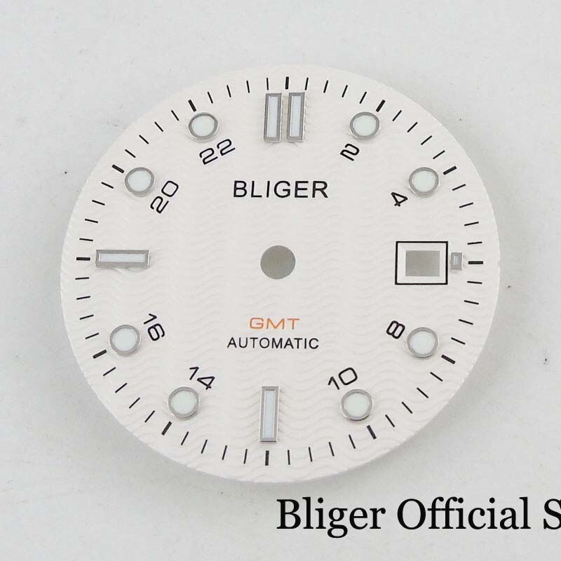 BLIGER 31mm Watch Dial Date Window Fit NH34 GMT NH34A Automatic Movement White