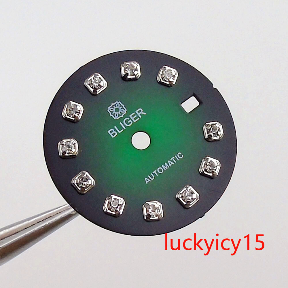 Bliger 20.5MM Blue Green Black Watch Dial Luminous Silver Diamond Index Fit NH05
