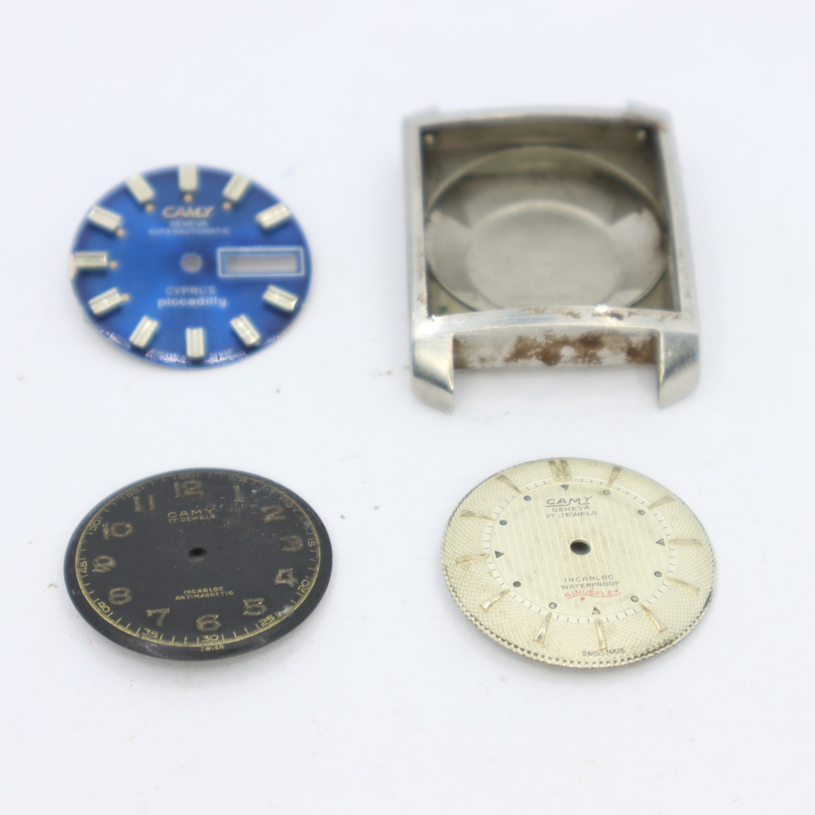 Assorted Vintage Camy Watch Steel Case & Three Dials Watch Parts Swiss Projects