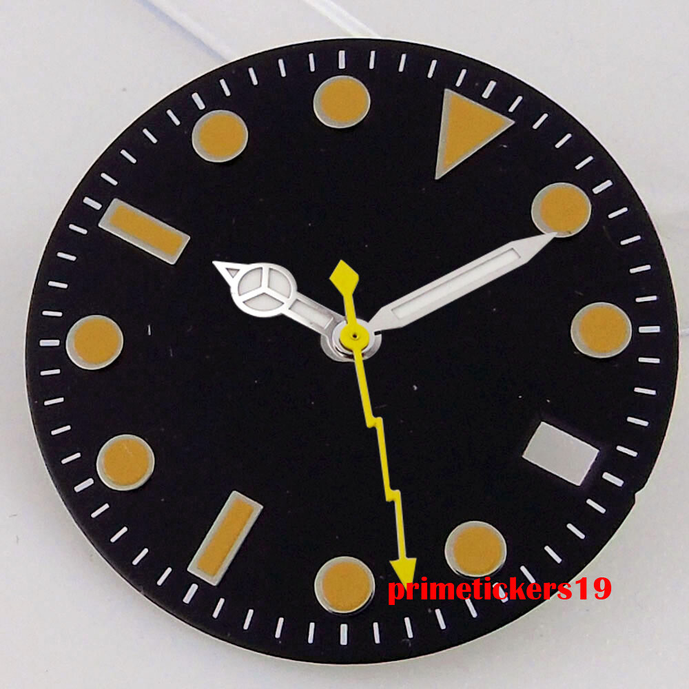 28.5mm Black/White/Green Sterile Watch Dial Face Hands Date Window Fit NH35 Movt