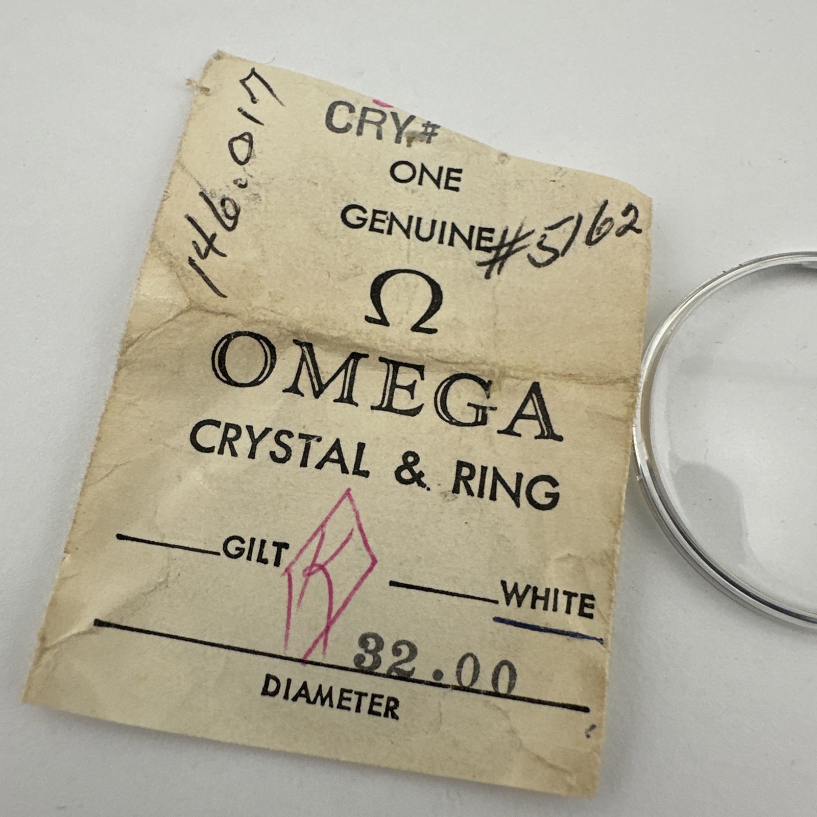 Genuine Omega 5162 PZ Watch Crystal With Silver Tension Ring 32mm New Old Stock