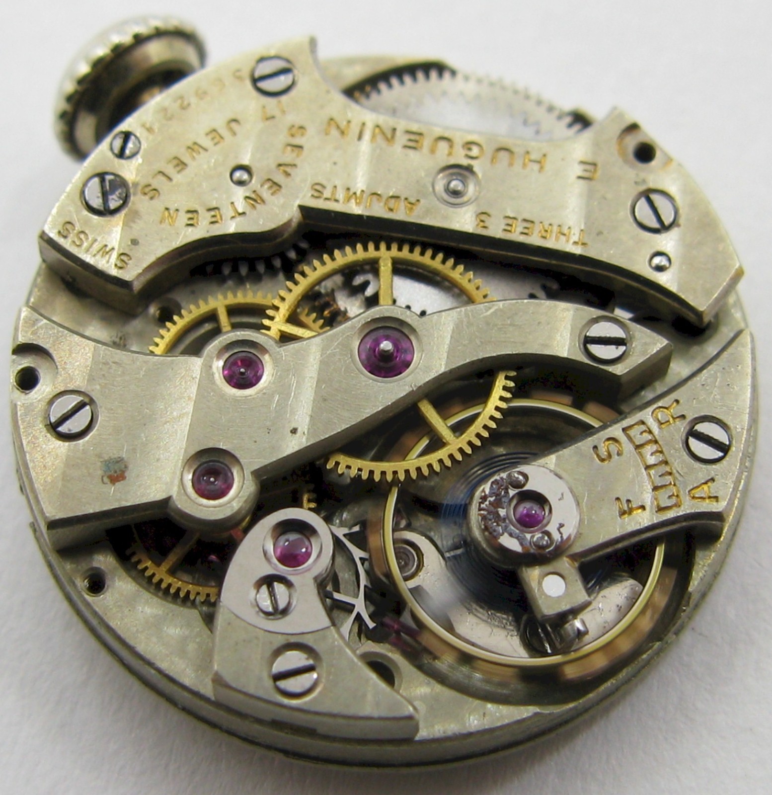Quality round Swiss Watch E. Huguenin movement 17 jewels 3 adj. fit 2 hands