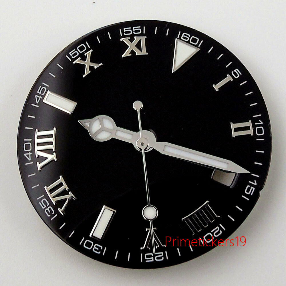 29mm Black Watch Dial Hands Fit NH35 Miyota82 Series ETA2824 Silver Roman Marks